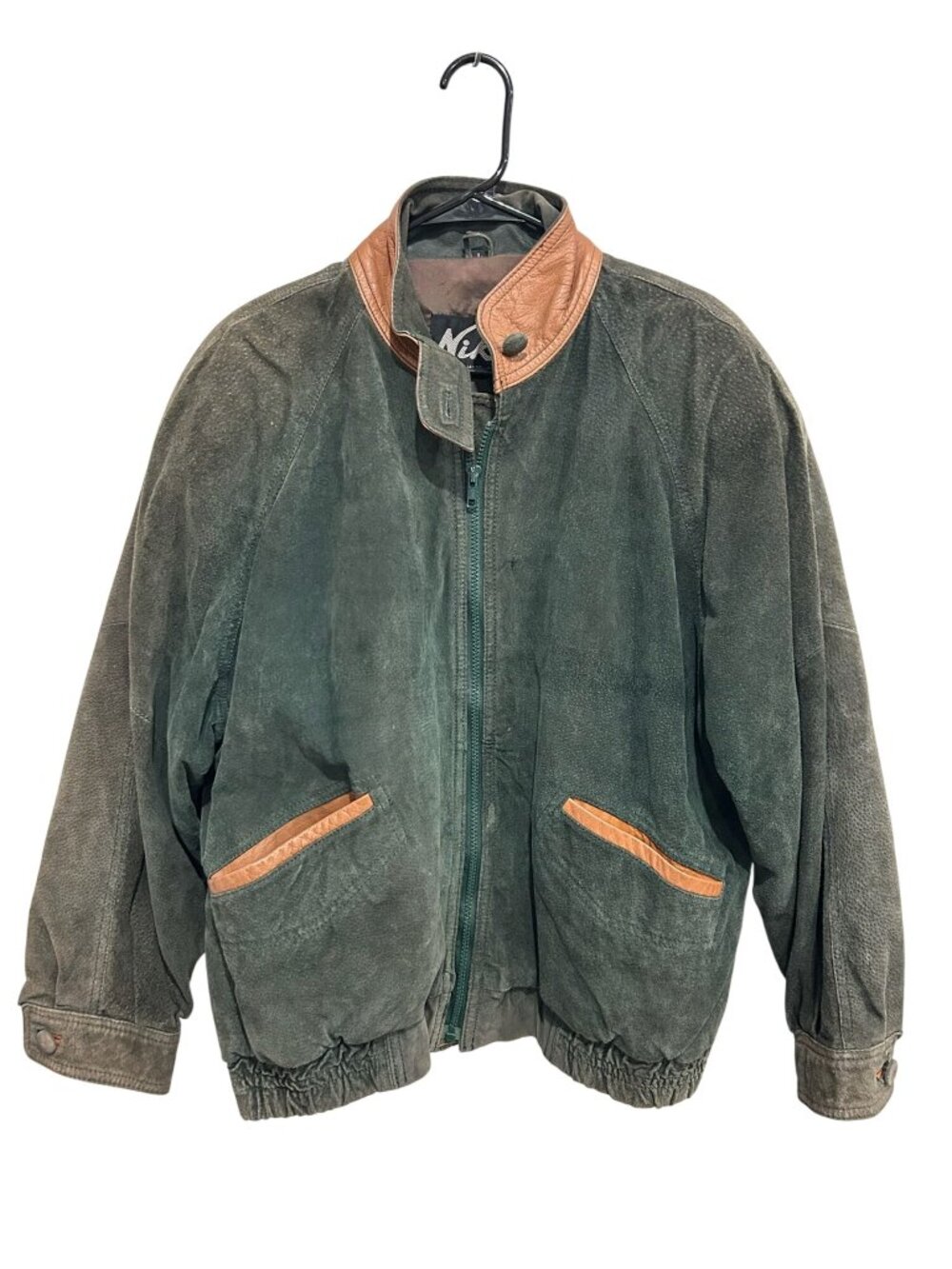 Vintage Niki Large Green Suede Bomber Jacket Brown Leather Accent Heritage Style